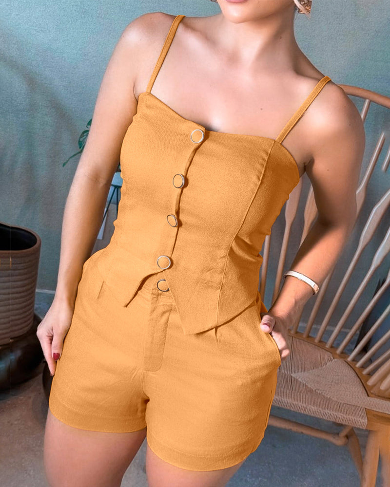 2 Pieces Outfit Adjustable Spaghetti Straps Button Front Shirred Back Crop Cami Top and Casual Zipper Fly Elastic Back Waist Shorts Set