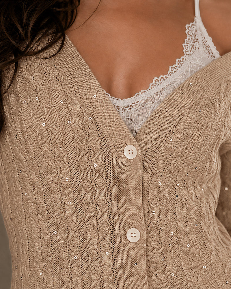 Women's Sequin Cable Knit Cardigan V Neck Button Down Slim Fit Long Sleeve Sweater