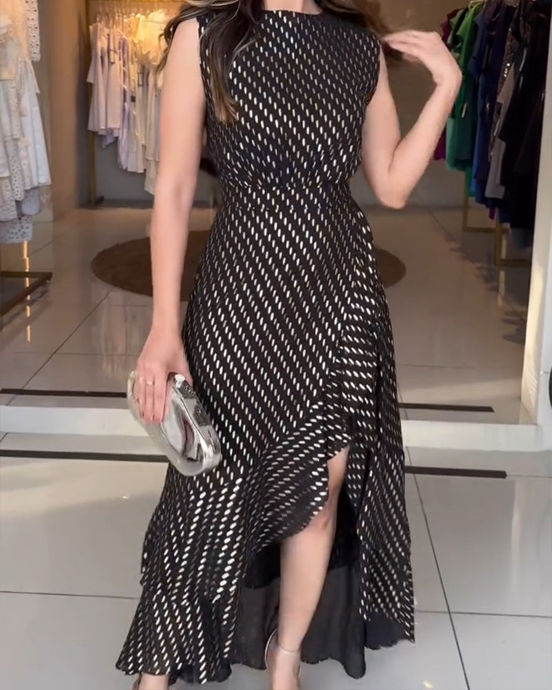 Silver Foil Pattern Sleeveless Cinched Waist Party Dress Elegant Asymmetrical Ruffles Slit Evening Dress