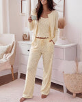 CHICME ESSENCE Women's 3 Piece Outfits Ditsy Floral Pajama Set Crop Cami Top and Button Down Cardigan and Straight Leg Pants Lounge Set