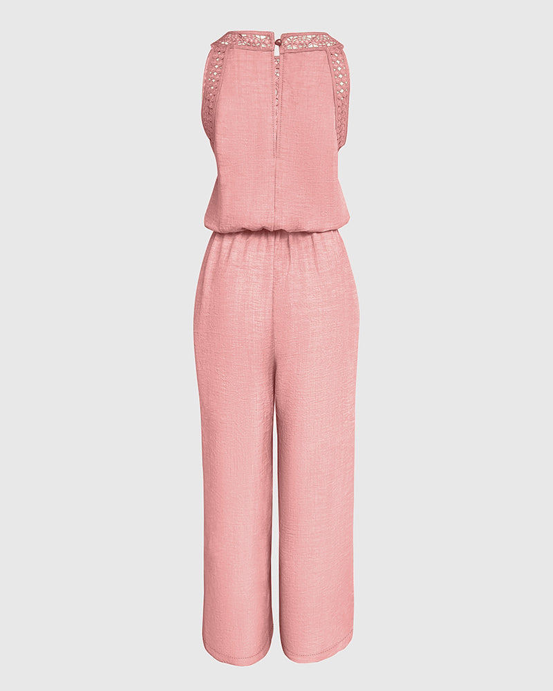 Women's Halter Jumpsuit Lace Trim Backless Overalls Tied Detail Wide Leg Jumpsuit with Pockets