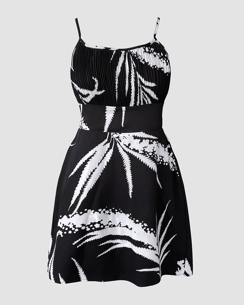 Tropical Plants Print U-Neck Backless Criss Cross Tie Back Romper Ruched Vacation Skorts Romper