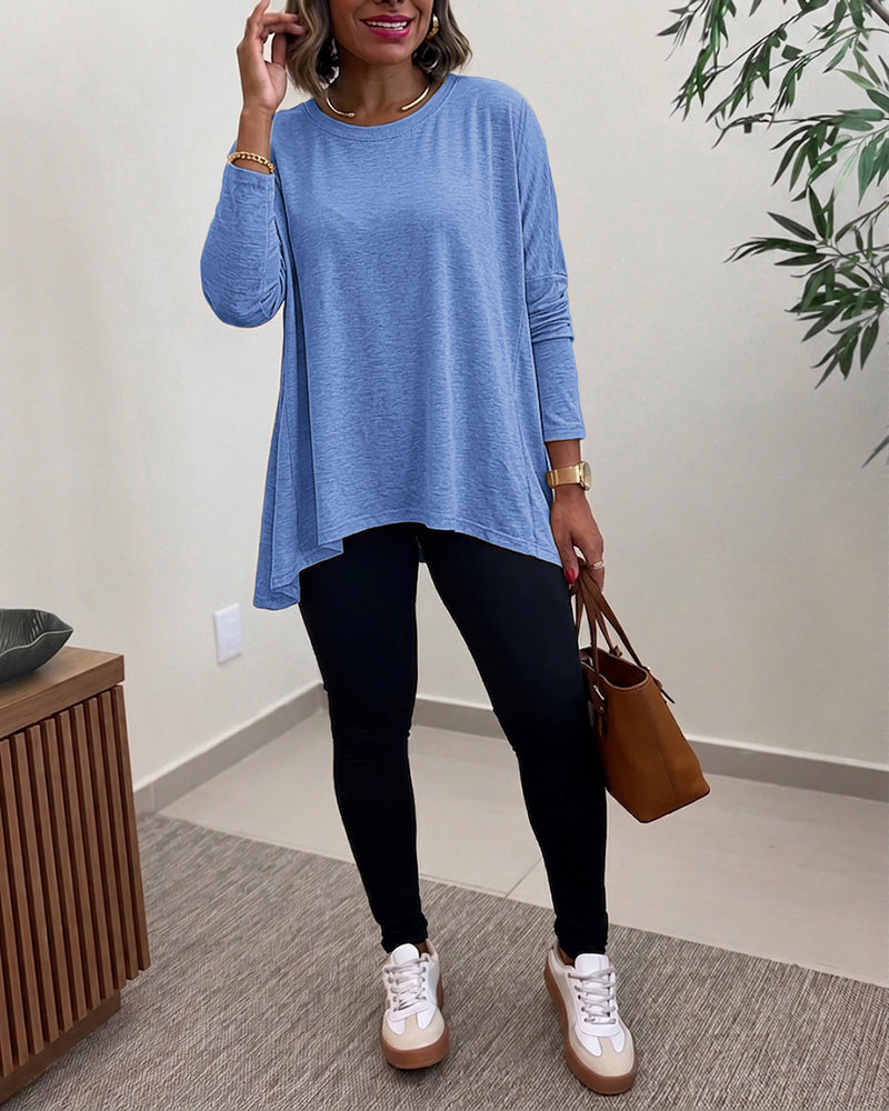 Women's Asymmetric Hem Long Sleeve Top Loose Fit Dropped Shoulder Crewneck Soft Slouchy Casual Tee