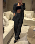 2 Pieces Outfit Jacquard Floral Turn-down Collar Button Front Pockets Design Top and Casual Elastic Back Waist Pants Set With Lining