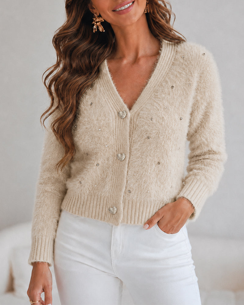 Women's Faux Mink Fur Knit Cardigan Elegant Pearl Rhinestone V Neck Sweater Crop Single Breasted Coat