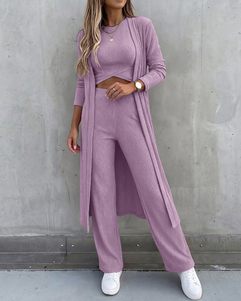CHICME ESSENCE Women's 3 Piece Knit Set Long Cardigan Criss Cross Crop Tank Top and Wide Leg Pants Casual Ribbed Brushed Lounge Set