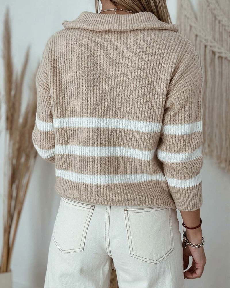 Women's Half Zip Striped Sweater Colorblock Turn-down Collar Knit Pullover Drop Shoulder Loose Fit Top