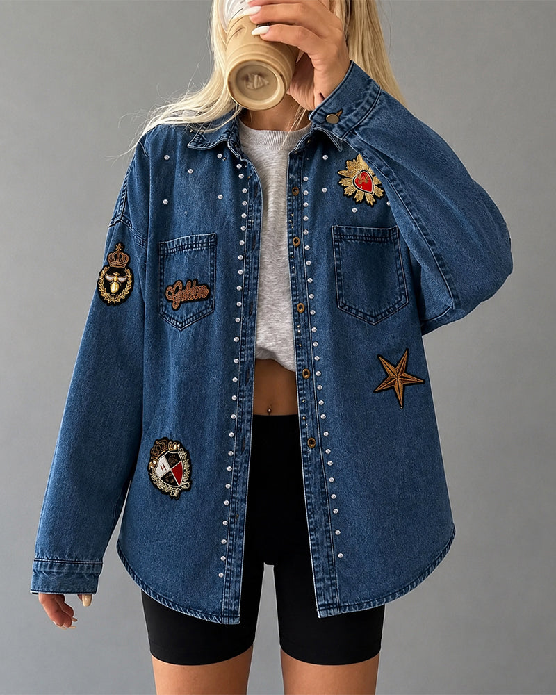Women's Rhinestone Denim Shacket Vintage Badge Embroidered Button Down Long Sleeve Washed Jean Jacket