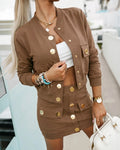 Women's Gold Button Two Piece Outfit Long Sleeve Cropped Bomber Jacket and Mini Bodycon Skirt Set
