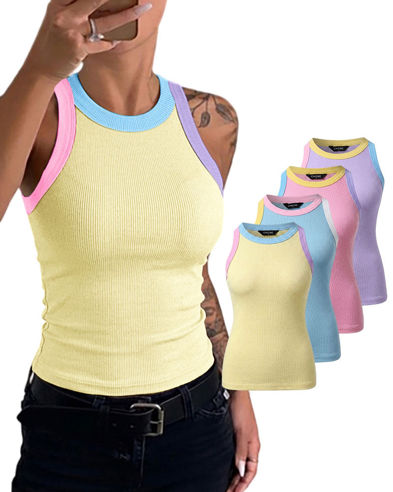 Women's Contrast Trim Ribbed Tank Top Slim Fit Sleeveless Round Neck Basic Camisole for Streetwear & Layering