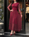 Women's Rhinestone Lace Long Sleeve Maxi Dress Crew Neck Textured A-Line Evening Gown