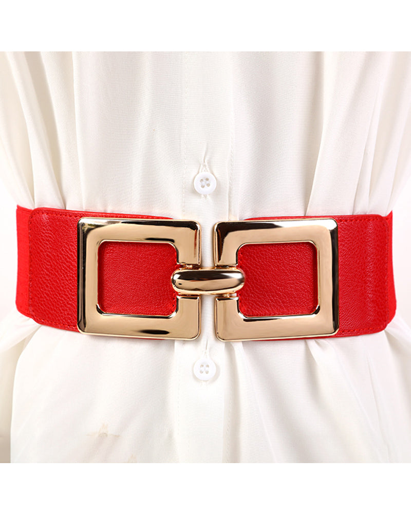 Wide Elastic Belt Fashion Square Gold Buckle Stretch Dress Belt Waistband