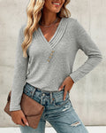 Women's Pleated V Neck T-Shirt Long Sleeve Button Decor Tee Casual Layering Top