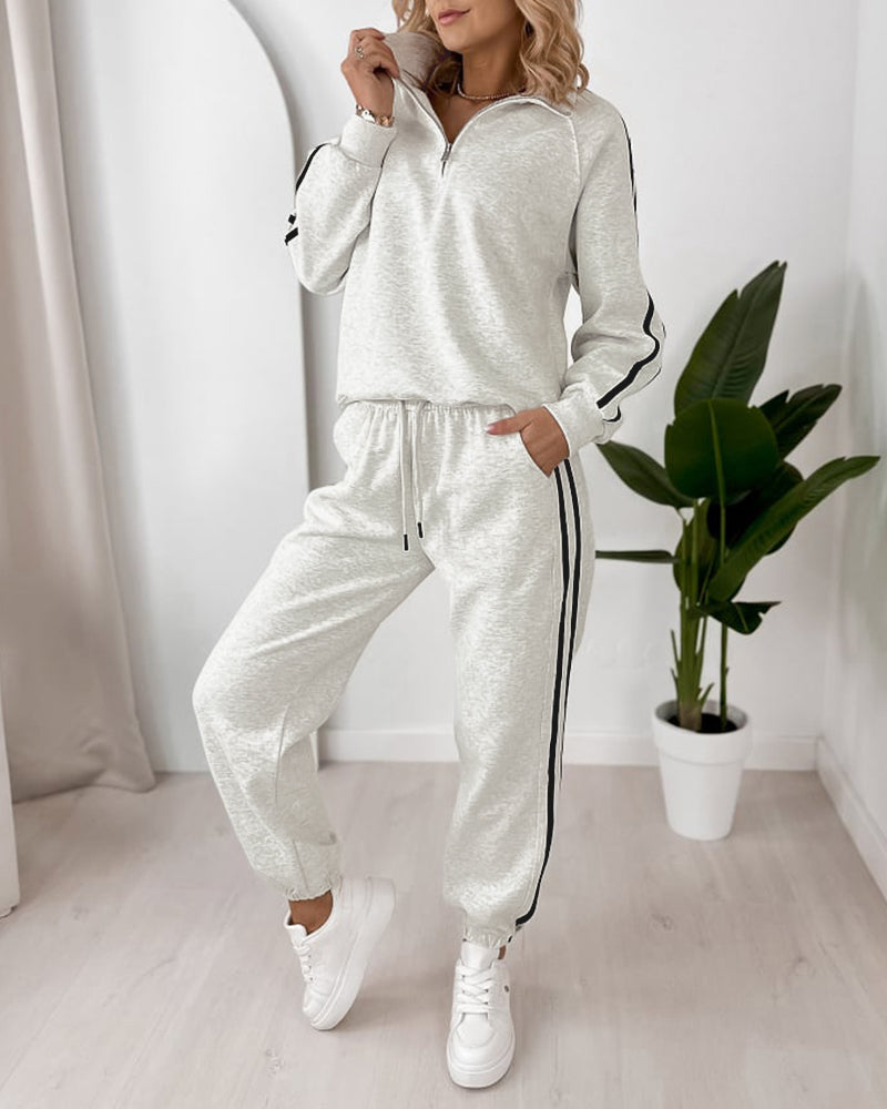 Women's Contrast Side Stripe Two Piece Sweatsuit Half Zip Sweatshirt and High Waisted Joggers Set Casual Tracksuit