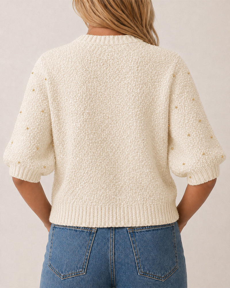 Women's Boucle Knit Cardigan Gold Beaded Puff Sleeve Sweater Crewneck Button Up Elegant Crop Outerwear