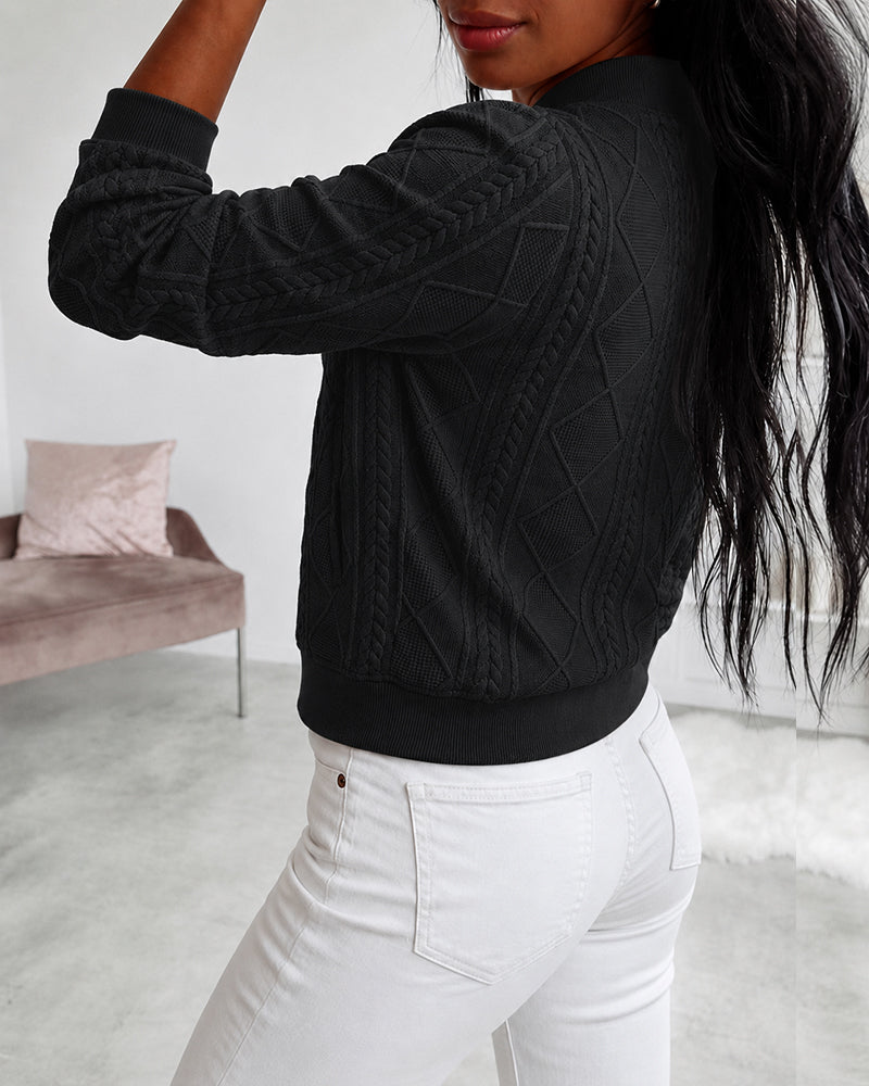 Women's Vintage Cable Knit Bomber Jacket Casual Argyle Zip Up Crop Coat with Pockets