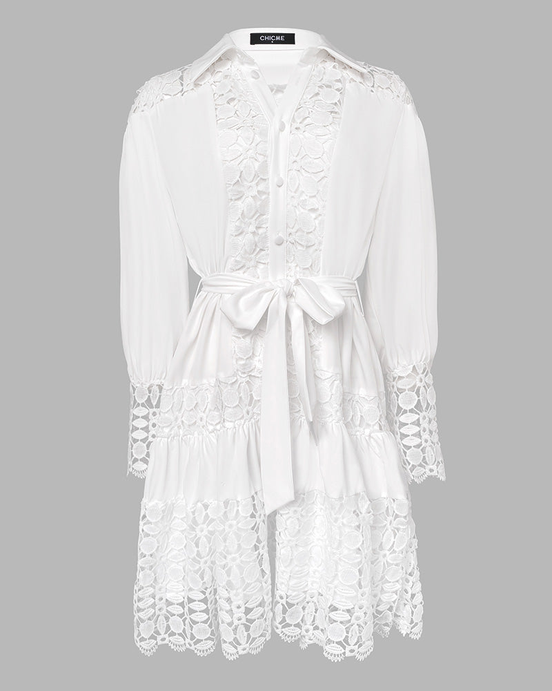 Guipure Lace Spliced Turn-down Collar Long Sleeve Button Front Shirt Dress Casual Tie Waist Ruffle Hem Dress