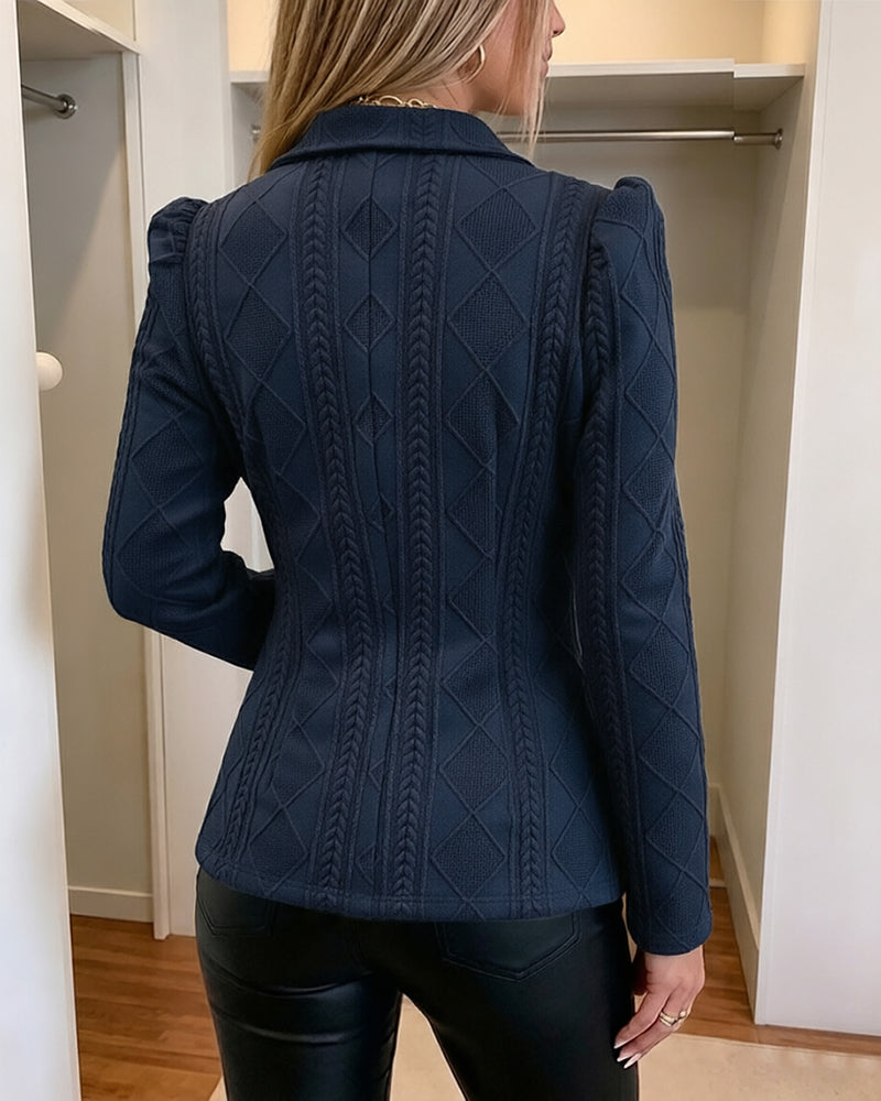 Women's Elegant Argyle Textured Blazer Slim Fit Puff Sleeve Suit Jacket Gold Button Work Office Commuter Blazer with Pockets