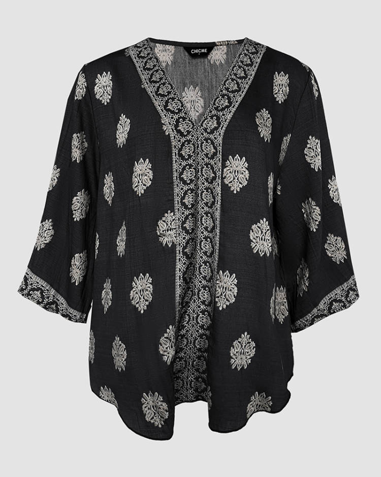 Floral Print V Neck Long Sleeve Blouse Casual Loose Fit Top