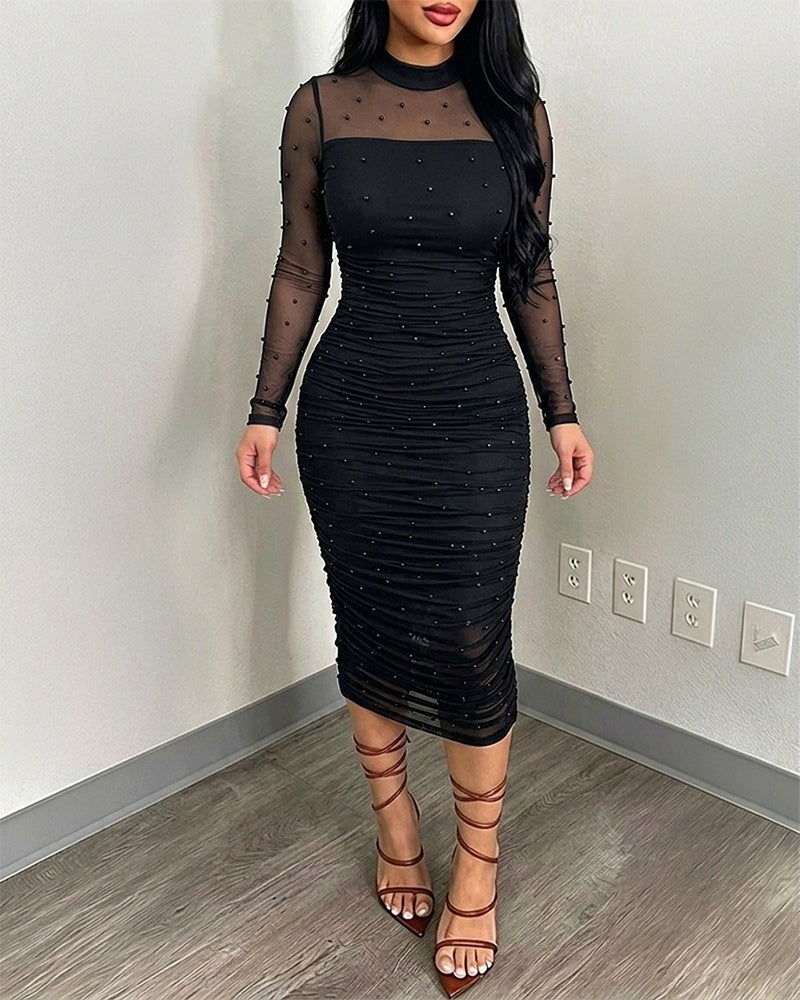 Women's 2 Piece Set Mock Neck Ruched Slit Beaded Mesh Dress and Strapless Slip Dress with Detachable Clear Straps