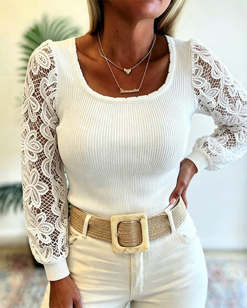 Women's Ribbed Knit Top Square Neck Lace Long Sleeve Shirt Slim Fit Elegant Pullover Top