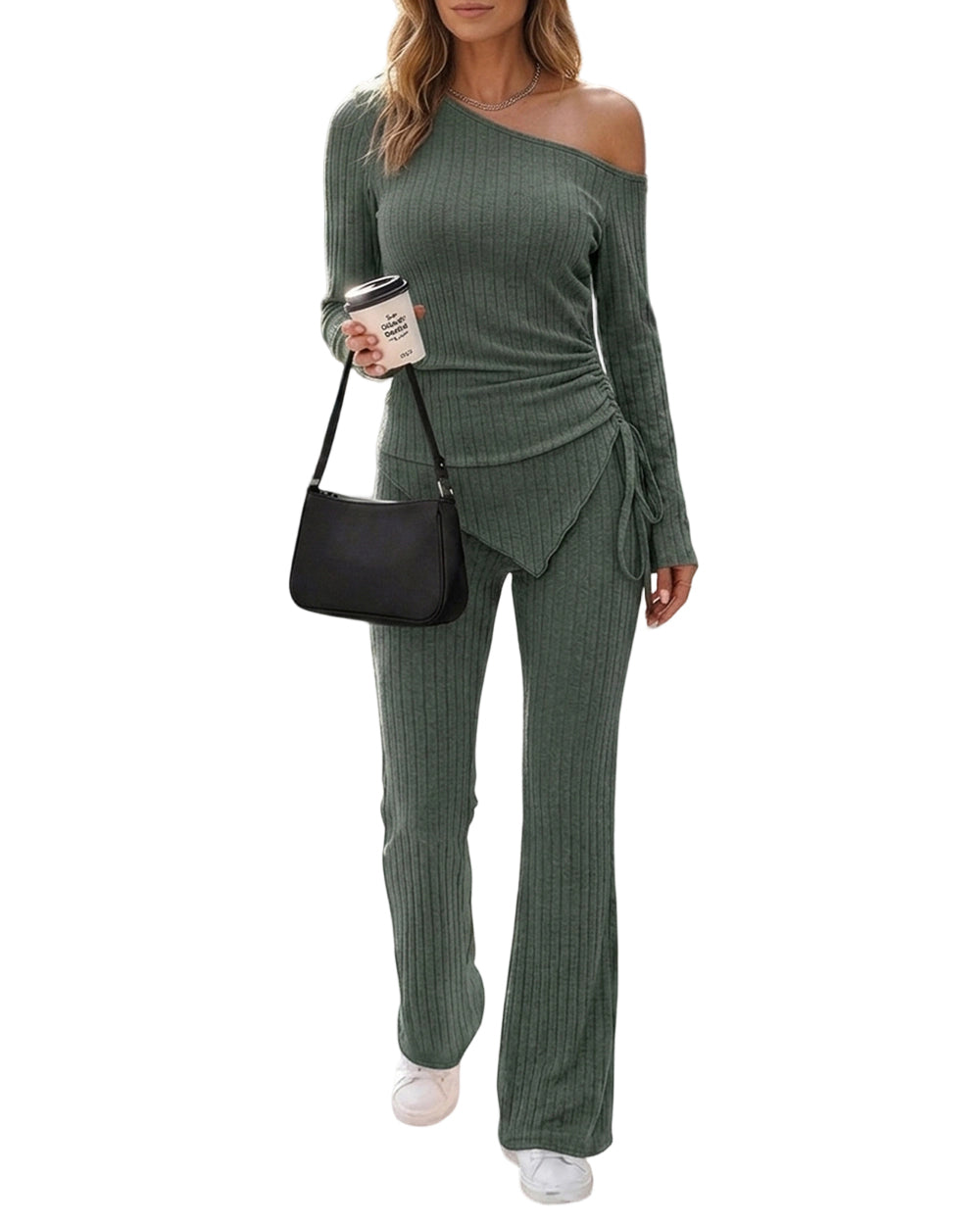 CHICME ESSENCE Women 2 Piece One Shoulder Ribbed Lounge Set Outfits