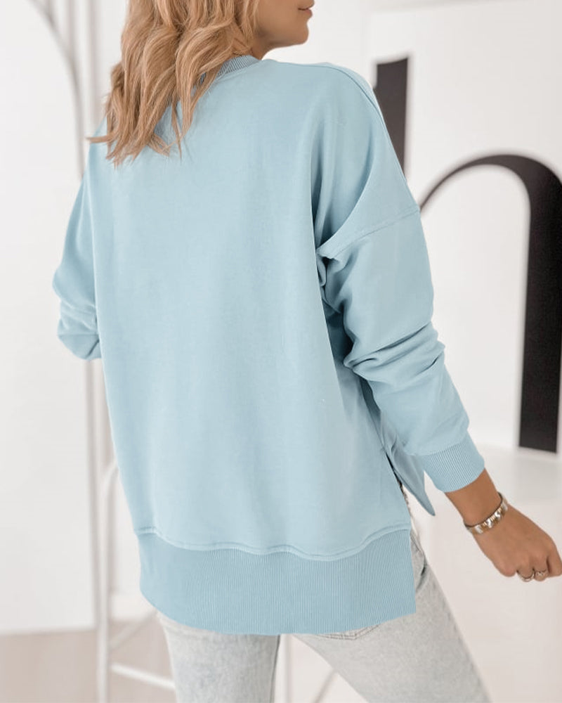 Women's Loose Crewneck Sweatshirt Embossed Letter Print Pullover Top Casual Side Slit Top