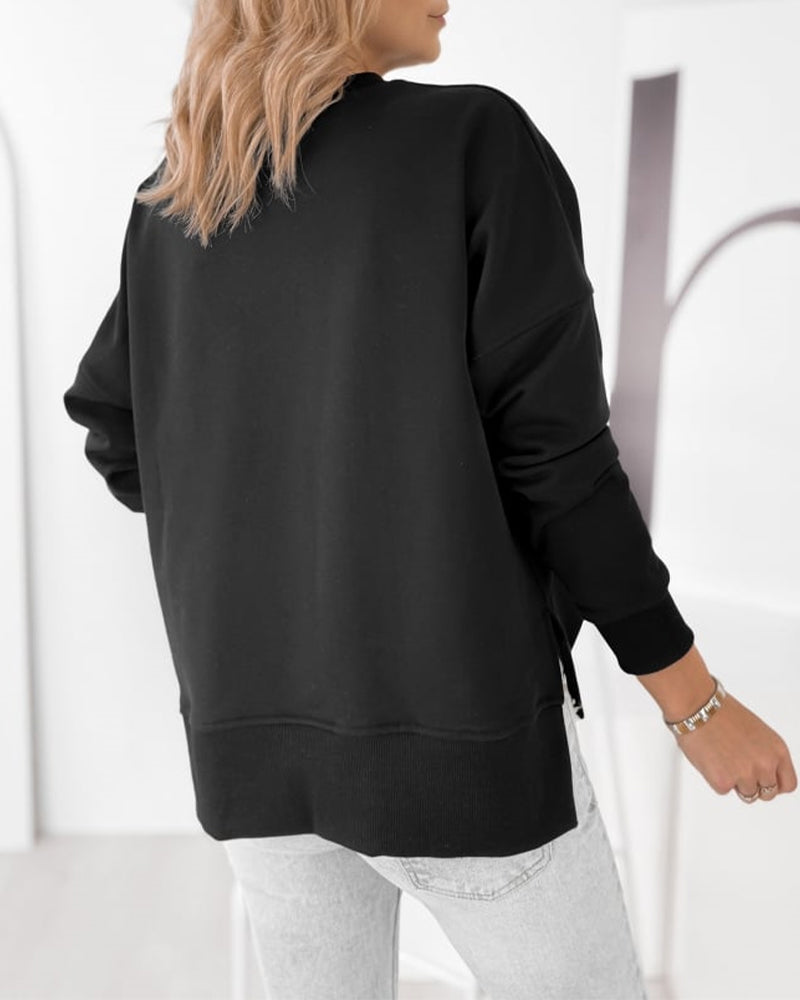 Women's Loose Crewneck Sweatshirt Embossed Letter Print Pullover Top Casual Side Slit Top