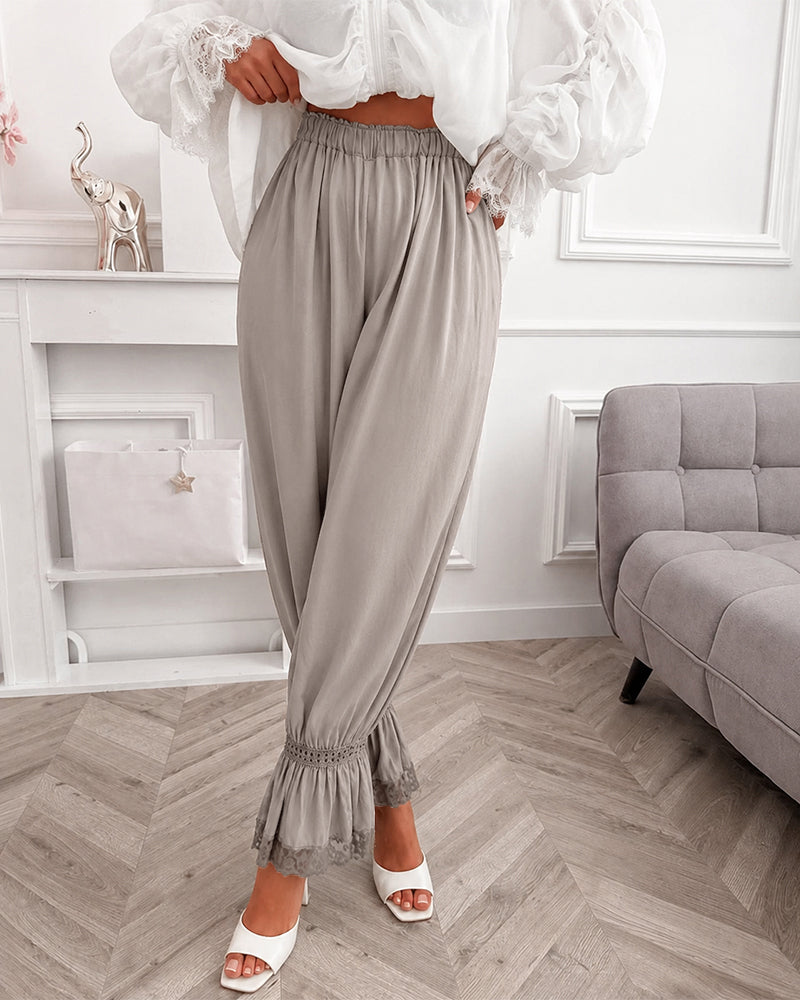 Women's Lace Patchwork Pants Elastic High Waist Hollow Out Ruffle Hem Lantern Trousers Casual Loose Lounge Pants