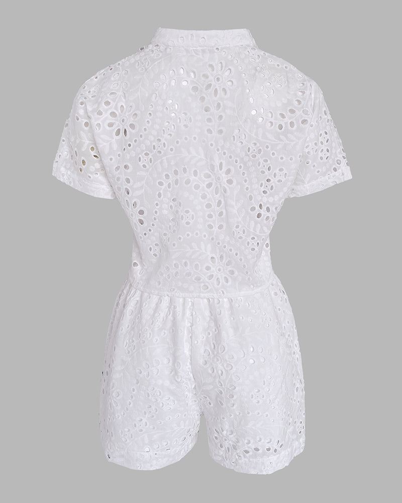 Women's Eyelet Embroidery Two Piece Outfits Stand Collar Button Up Crop Top and High Waist Shorts Set