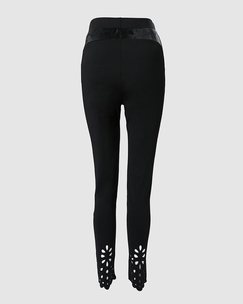 Floral Hollow Out Asymmetrical Hem Elastic Waist Skinny Pants