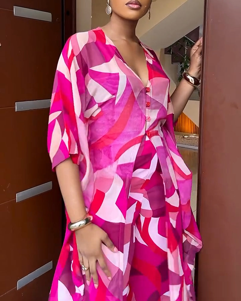Women's Colorblock Geometric Print 2 Piece Set Batwing Sleeve V Neck Slit Longline Kaftan Top and Wide Leg Pants Set