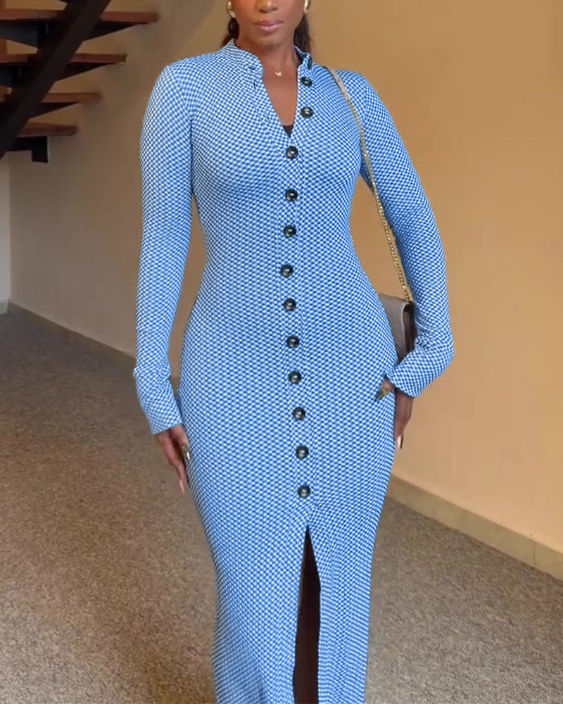 Women's Vintage Plaid Button Front Slit Maxi Dress Long Sleeve Stand Collar Slim Fit Knit Dress
