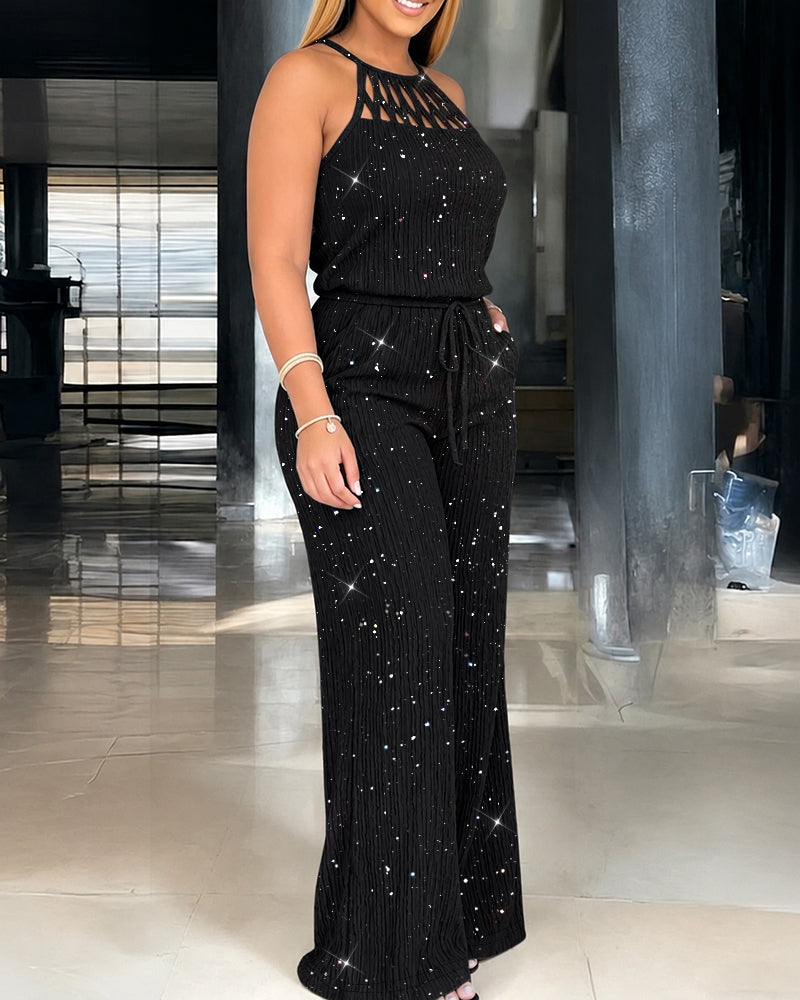 Women's Glitter Halter Tie Jumpsuit Casual Hollow Out Wide Leg Overalls Sparkling Drawstring Waist Jumpsuit with Pockets