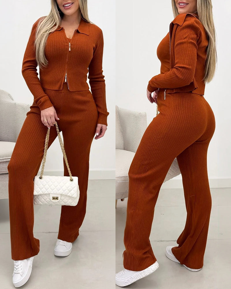 Women's Three Piece Knit Outfit Collared Two Way Zipper Coat and V Neck Tank Top and Bootcut Pants Ribbed Set