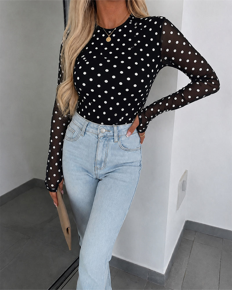 Women's Mesh Polka Dot Top Lined Sheer Long Sleeve Tee Crewneck Slim Fit Layering Under Base Top with Thumbholes