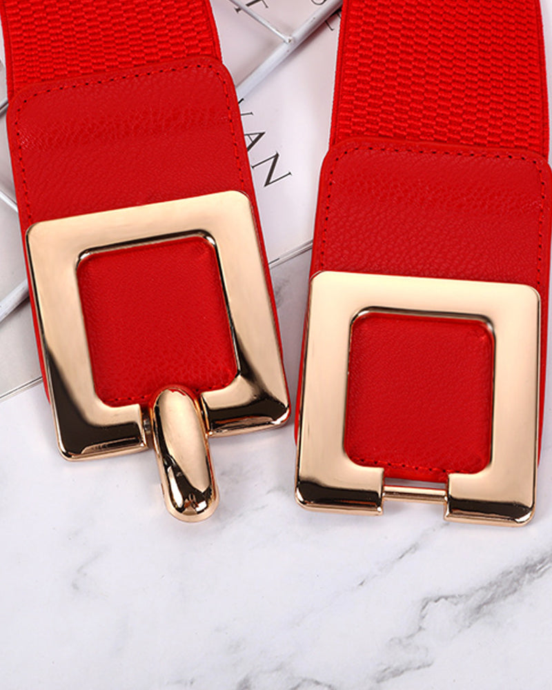 Wide Elastic Belt Fashion Square Gold Buckle Stretch Dress Belt Waistband