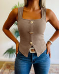 Women's Square Neck Ribbed Tank Top Vintage Abstract Gold Button Knit Camisole Slim Fit Slit Vest