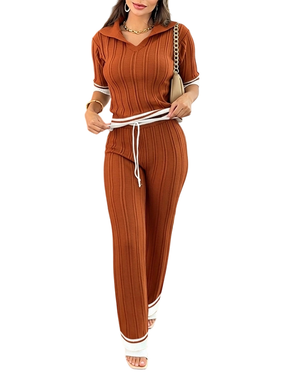 CHICME ESSENCE Women's Two Piece Knit Set Contrast Binding Short Sleeve and Drawstring Straight Leg Pants Casual Lounge Set