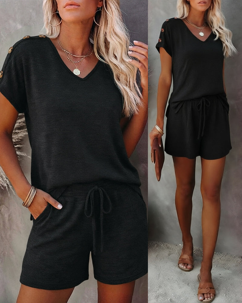 CHICME ESSENCE Women's 2 Piece Lounge Set V-Neck Top and Shorts Outfits