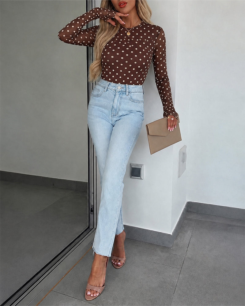 Women's Mesh Polka Dot Top Lined Sheer Long Sleeve Tee Crewneck Slim Fit Layering Under Base Top with Thumbholes