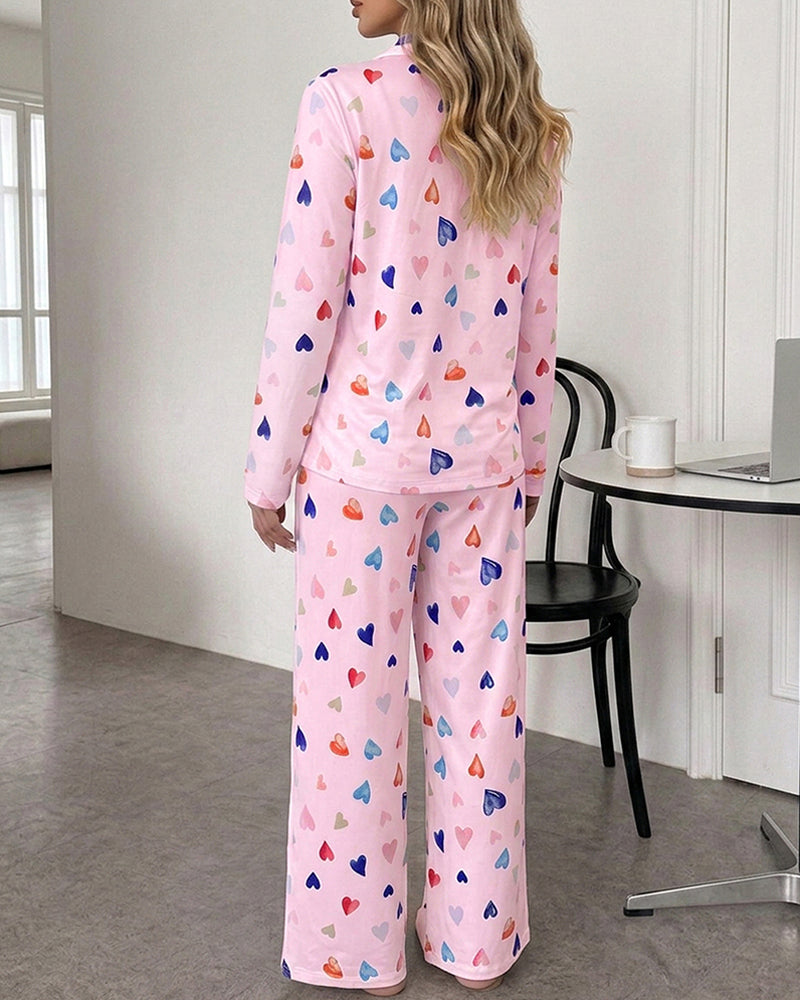 CHICME ESSENCE Women's Colorful Heart Print 2 Piece Pajama Set Long Sleeve Button Down Top and High Waisted Pants Casual Lounge Sets
