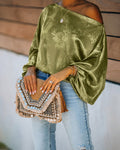 Women's Satin Jacquard Skew Neck Top Loose Vintage Lantern Sleeve Blouse
