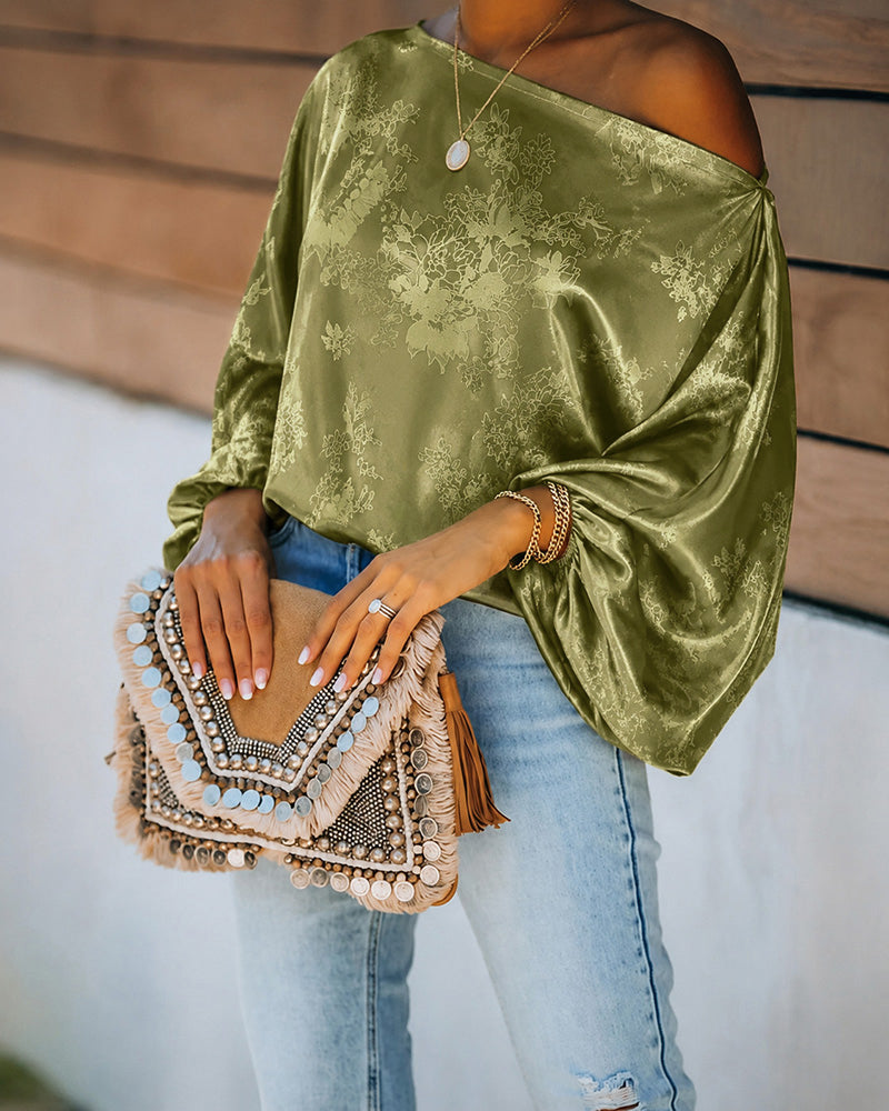 Women's Satin Jacquard Skew Neck Top Loose Vintage Lantern Sleeve Blouse