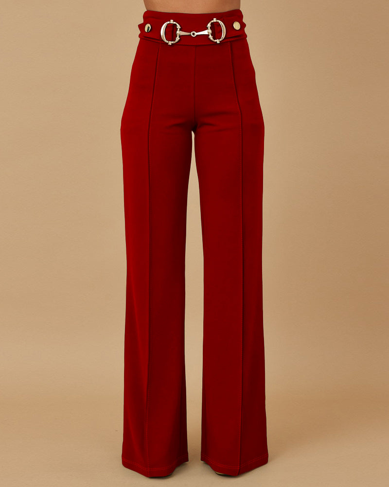 Metal Button Decor High Waist Casual Straight Leg Work Pants