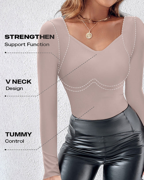 ChicMe ContourX V Neck Shapewear Seamless Tank High Strechy Long Sleeve Slim Fit Tops