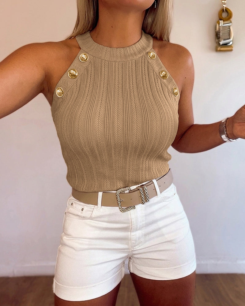 Women's Halter Neck Knit Tank Top Gold Button Cable Knit Vest Sleeveless Slim Fit Ribbed Top
