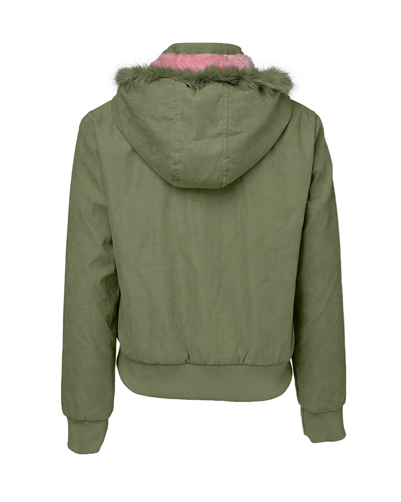 Fuzzy Trim Jacket Hooded Zip Up Fleece Lined Coat Outwear with Pockets