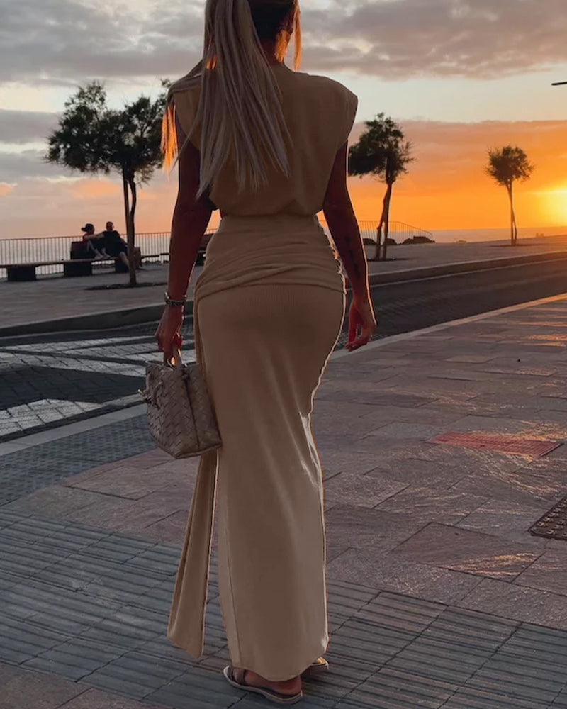 Women's Knit Two Piece Set Shoulder Pad Cap Sleeve Crop Top and Tied Detail High Slit Skirt Ribbed Matching Suit