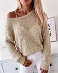 Women's Sequin Knit Sweater Loose Skew Neck Pullover Top Sheer Hollow Out Shimmering Long Sleeve Top